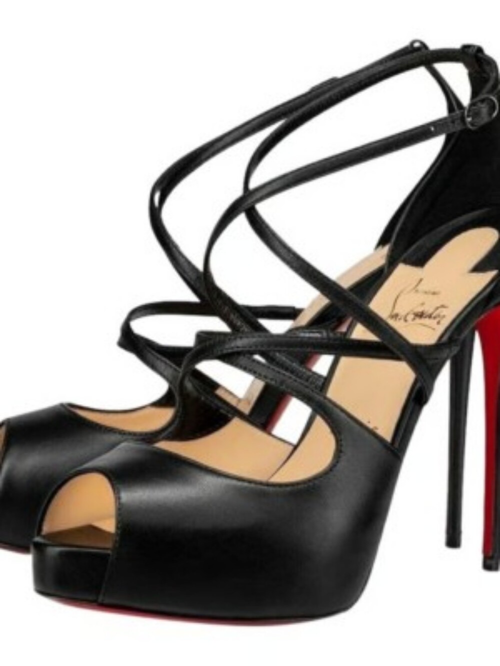 Christian Louboutic Holli Alta Black  Strappy Peep-Toe High Heels with Red Sole